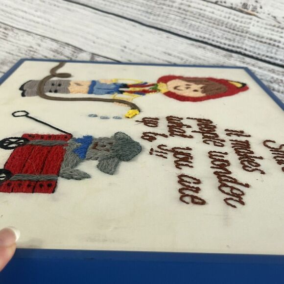 Vintage Framed Crewel Embroidery Picture Fireman Young Boy Wagon Dog "Smile" - Picture 11 of 11